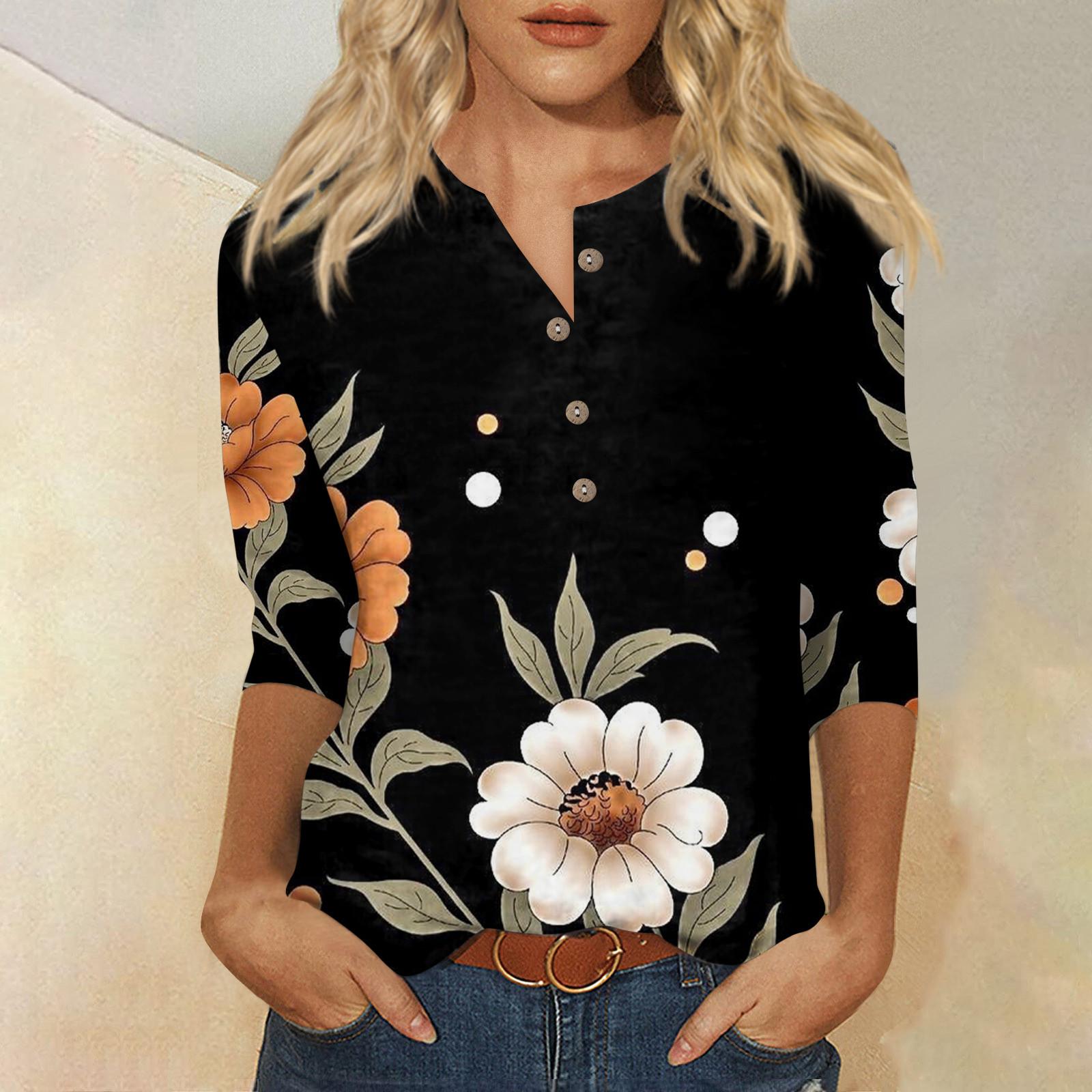 

Женские топы с воротником на пуговицах Женские блузки Женские повседневные топы на каждый день Рукав 3/4 с V-образным вырезом Модные рубашки с принтом Топы Футболки Пуловеры Топы M