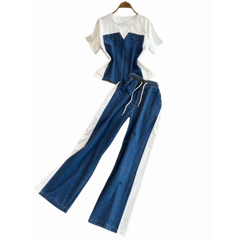 Chic Hong Kong Style Suit Women's Stylish Short Sleeve T-Shirt Patchwork Denim Tops + High Waist Casual Straight Pants Two-piece Set