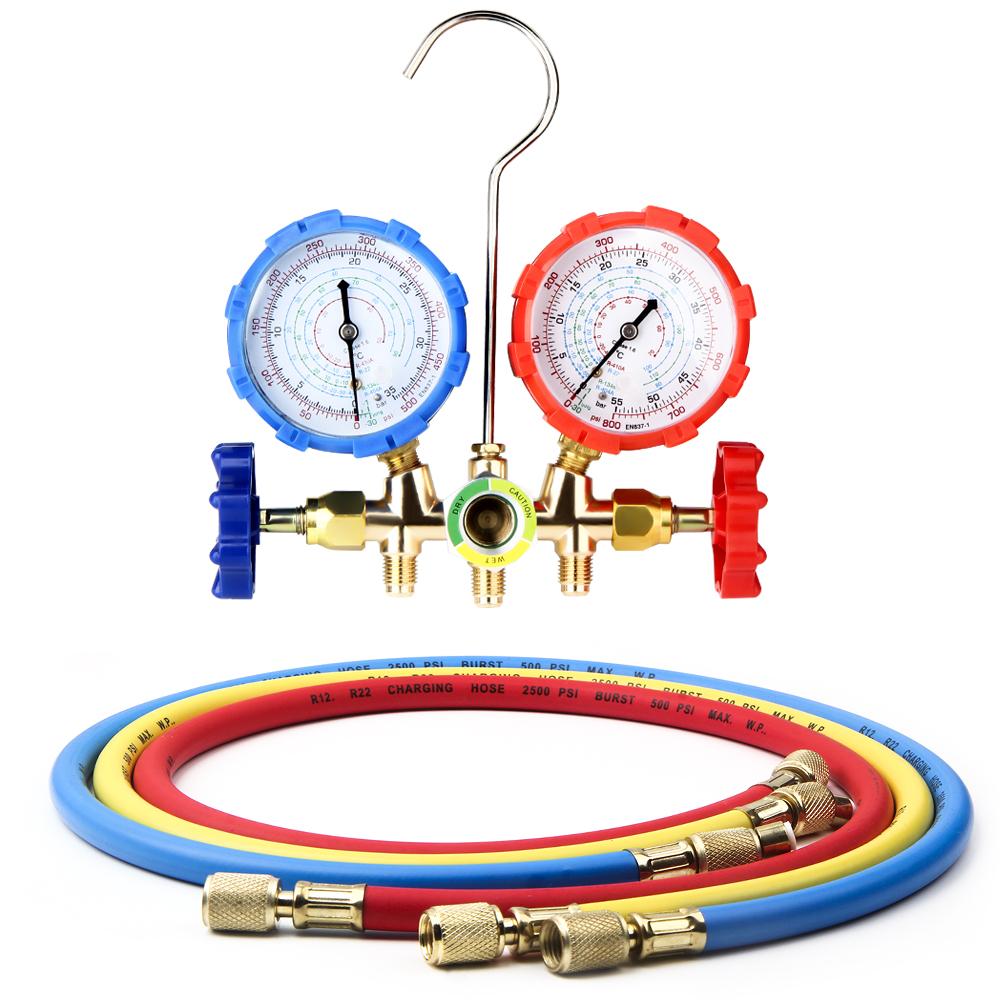 Freon For R12 R22 R404A R134a New Air Conditioning Pressure Gauge with Hose and Hook 3 Way AC Diagnostic Manifold Gauge Set