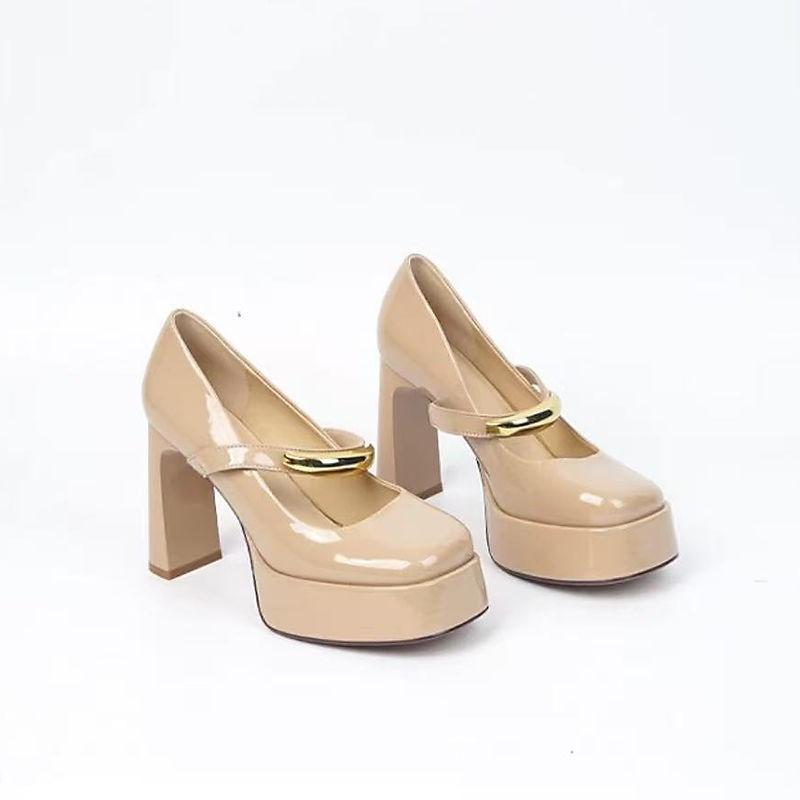 2025Spring and Summer New Square-toed Platform Temperament Versatile One-word with Metal Buckle Square Heel Women's High Heels