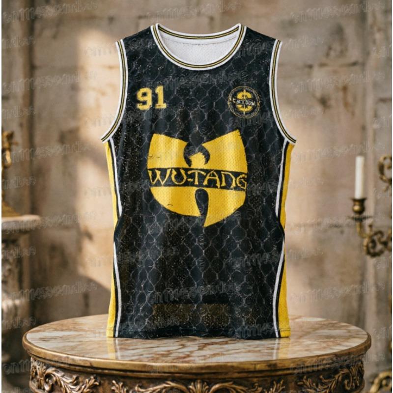 Wu-Tang Clan Basketballtrikot # 91 Aufdruck Ärmellos Rundhalsausschnitt Familien-Passform Netz Lockerer Schnitt 90er Hip Hop Streetwear Tanktop L beige