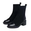 Elastic thin boots women's autumn and winter fleece thickened 2025 new soft leather splicing small bare boots medium heel thick heel medium boots