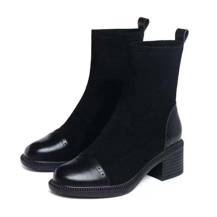 Elastic thin boots women's autumn and winter fleece thickened 2025 new soft leather splicing small bare boots medium heel thick heel medium boots