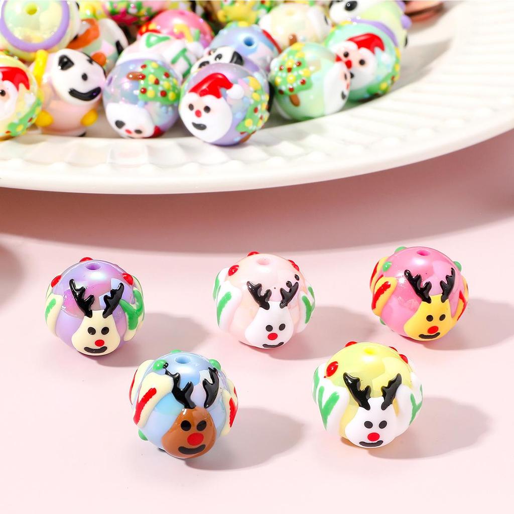 16mm Hand-Painted Christmas Santa, Reindeer, and Panda Beaded DIY Bracelet