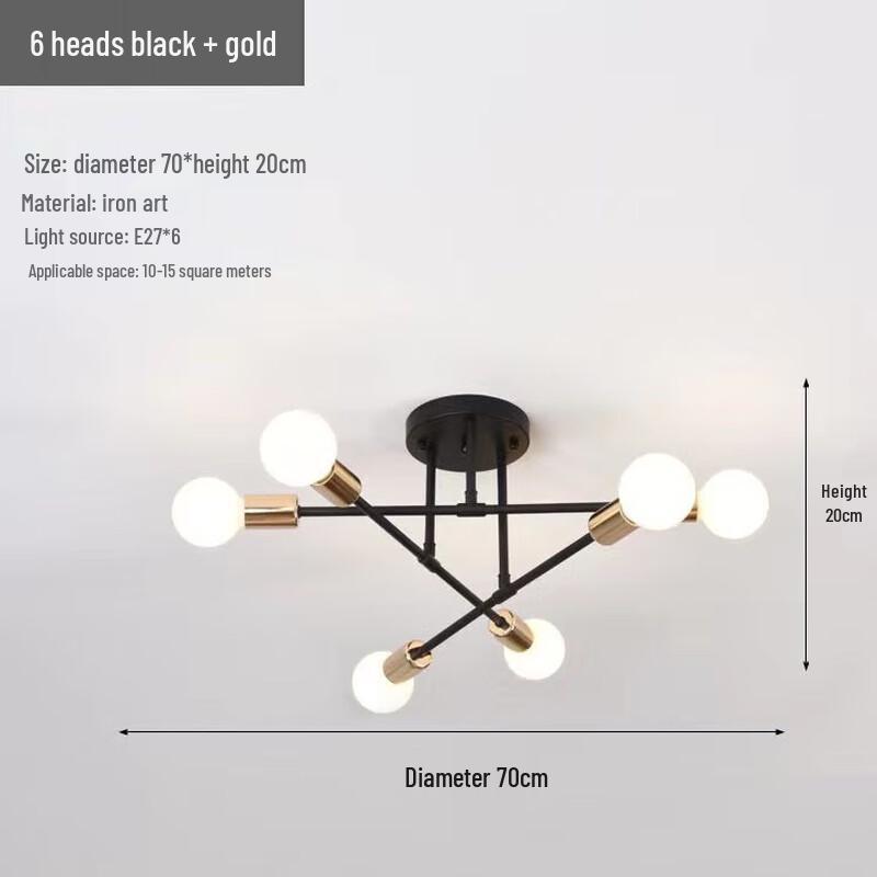 Nowoczesny Czarno-Złoty 6-ramienny Żyrandol Lampa Sufitowa