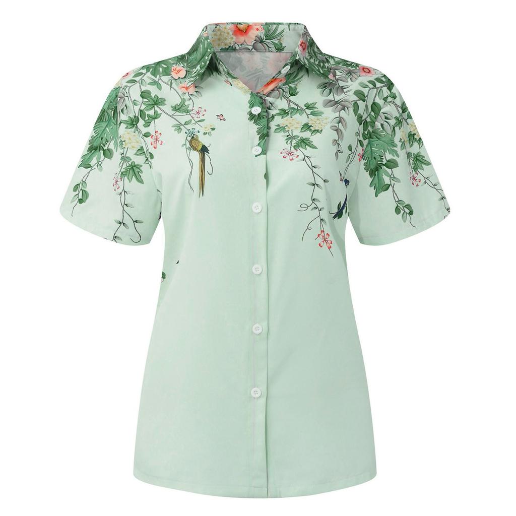 Women's Fashion Casual Printed Button Lapel Short Sleeve Shirt Tops Blouse