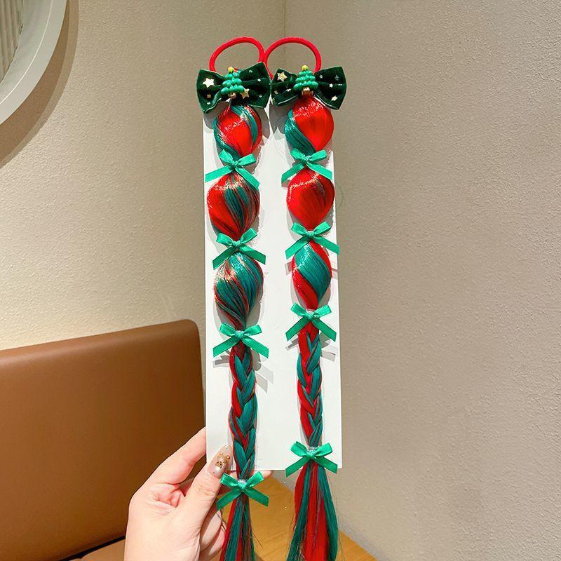 Christmas Children'S Hair Accessories Red Bow Santa Lantern Wig Braid Hair Ring Bubble Braid Wig Headband