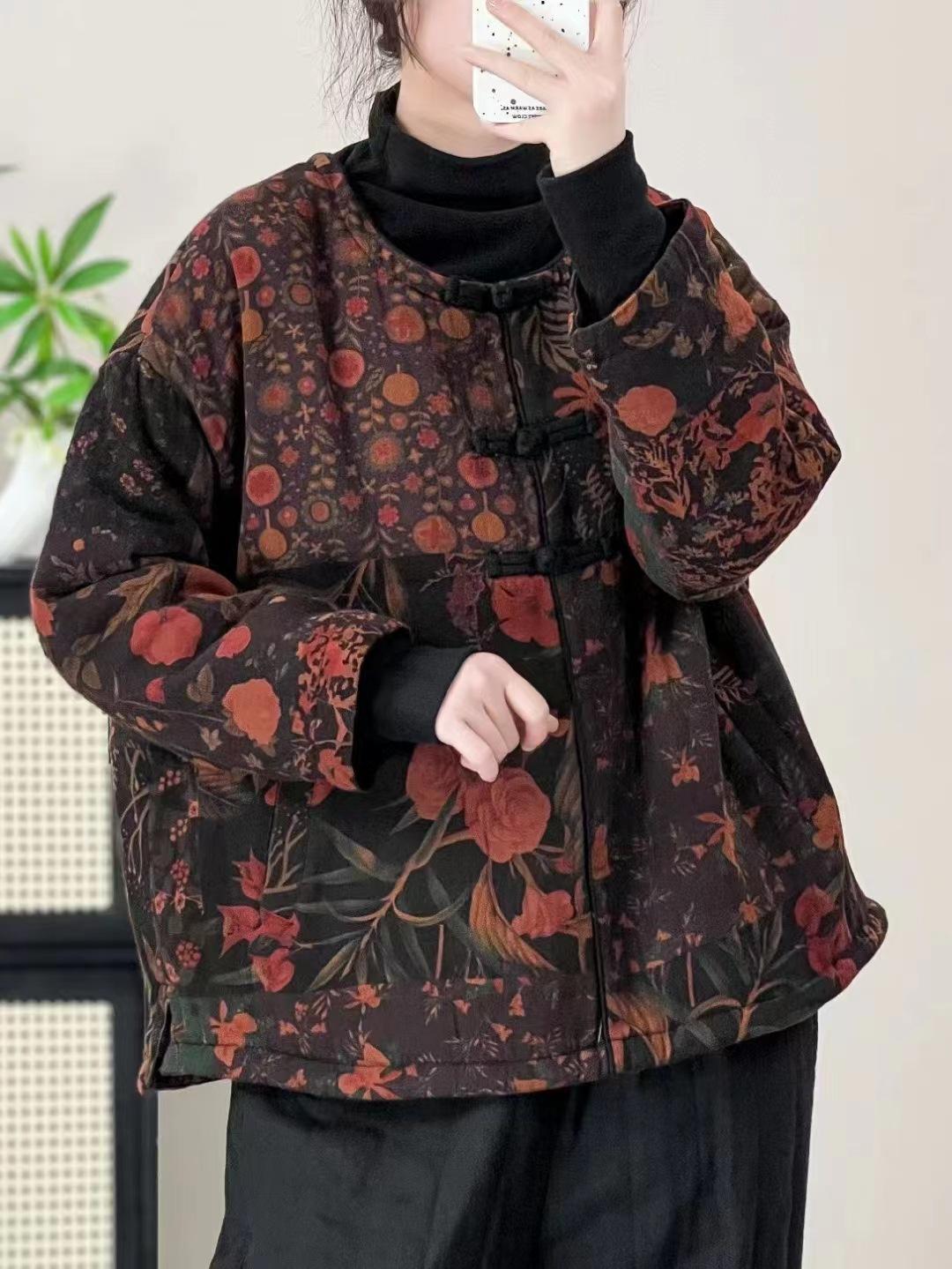 

Johnature Женское зимнее винтажное цветочное принтовое пальто с круглым вырезом и длинными рукавами в китайском стиле One Size