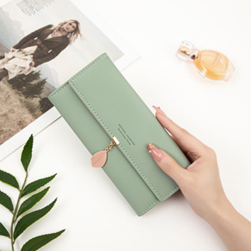 Women Long Wallet Korean PU Leather Leaf Pendant Tri-fold Bag Multi Function Clutch Large Capacity