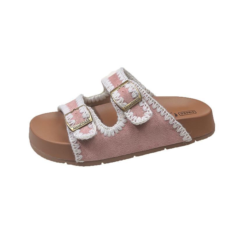 

British style metal buckle one-word drag women s summer new fashion Roman comfortable and versatile thick-bottomed casual sandals 35