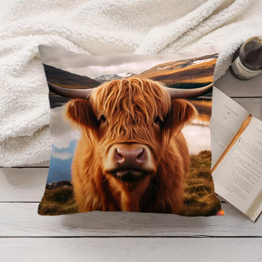 Cute Highland Cow Cushion Cover Short Plush DoubleSided Printing Home Machine Washable in Warm Winter Pillow Cover