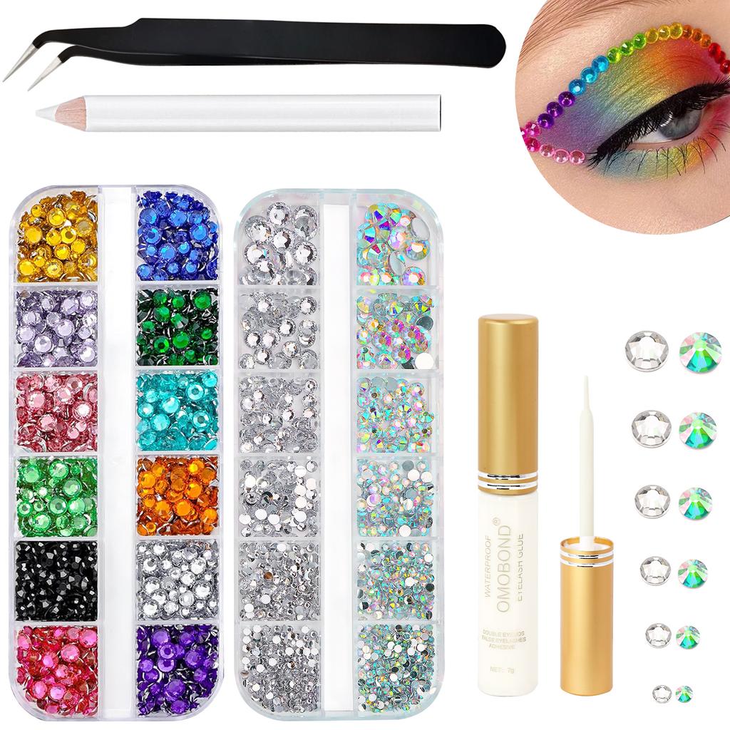 Sparkling Facial Gemstone Sticker Set Flat Bottom Colorful&AB Water Diamond Tweezers for Body Makeup Nail Art Eye Jewelry Decora