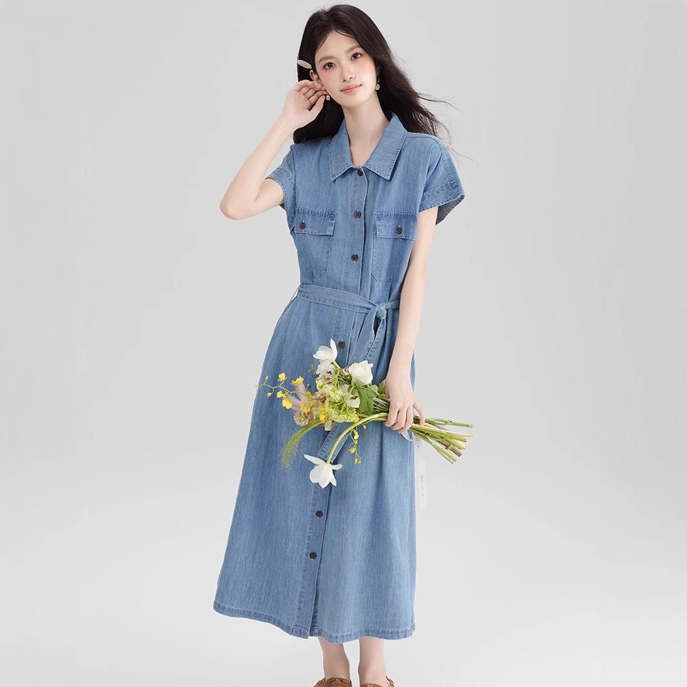 Retro Temperament Strap Waist Denim Dress Women's Summer Beautiful Short-sleeved Skirt