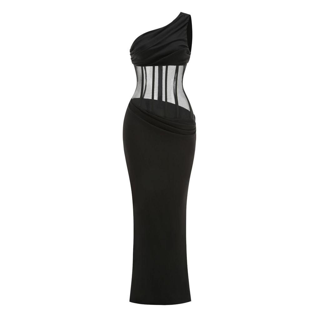 Elegant European One-Shoulder Party Evening Gown with High-End Mesh and Waist-Cinching Fishbone Design for Women