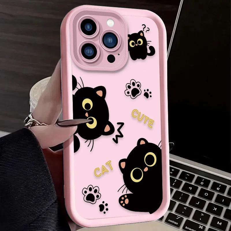 Lovely Black Cat love Heart Silicone Soft Phone Case For iPhone 16 15 14 13 12 11 Pro Max XS X XR 7 8 SE Shockproof