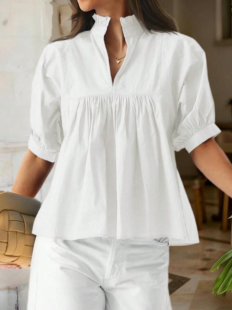 Women's Puff Sleeve V Neck Babydoll Blouse Peplum Pleated Loose Dressy Casual Top