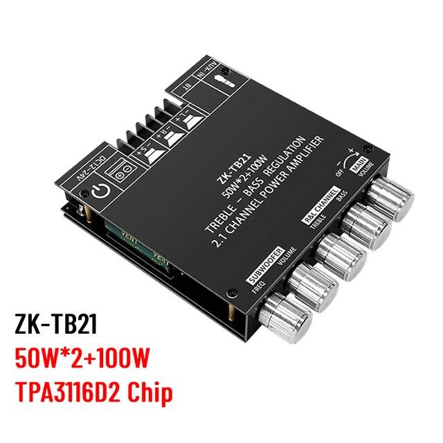 ZK-MT21 Bluetooth 5.0 Power Amplifier Board 2x50W+100W 2.1 Channel Subwoofer Digital Power Amplifier 12V 24V Audio Stereo AMP