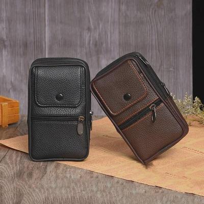 Men's Leather Mobile Phone Waist Bag – Sports Casual Vertical Belt Bag