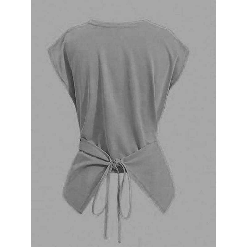 Women White Crew Neck Sleeveless Criss Cross Tie Waist Fitted Casual Blouse