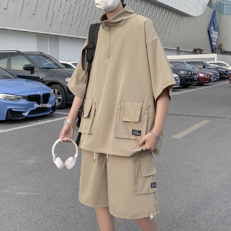 

Летний унисекс комплект повседневной рубашки с коротким рукавом и воротником-стойкой 2023 2XL хаки