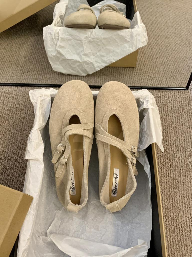 Cowhide version~ round head retro yellow Mary Jane shoes women's soft-soled cross-strapped ballet commuter single shoes women's ladyshoes