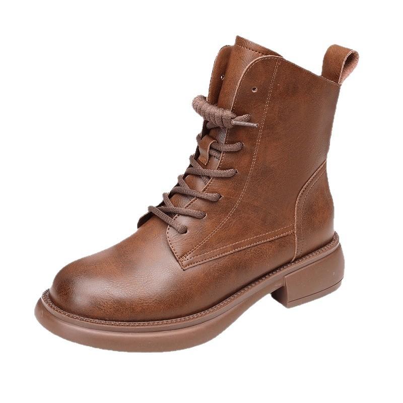 Weiches Leder Martin Stiefel Damen neue High-Top Flachbodenmode vielseitige kurze Stiefel im Herbst und Winter 2025 Britischer Stil zeigt kleine Füße