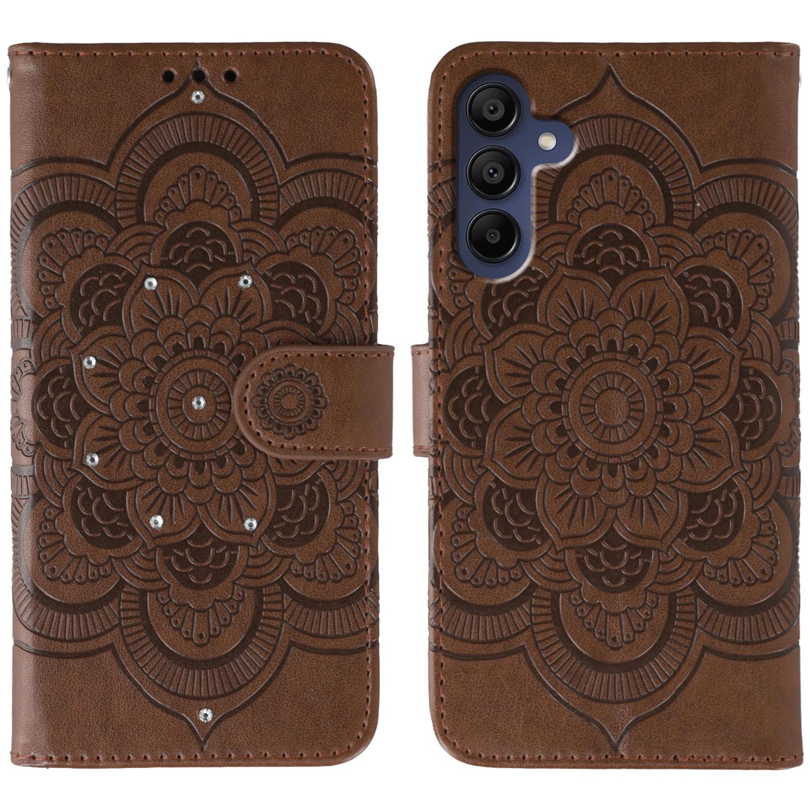 

Phone Case For Samsung Galaxy A16 4G/A16 5G/A26 5G/A17 Rhinestone Decor PU Leather Mandala Imprinted Design Cover with Wrist Strap Brown