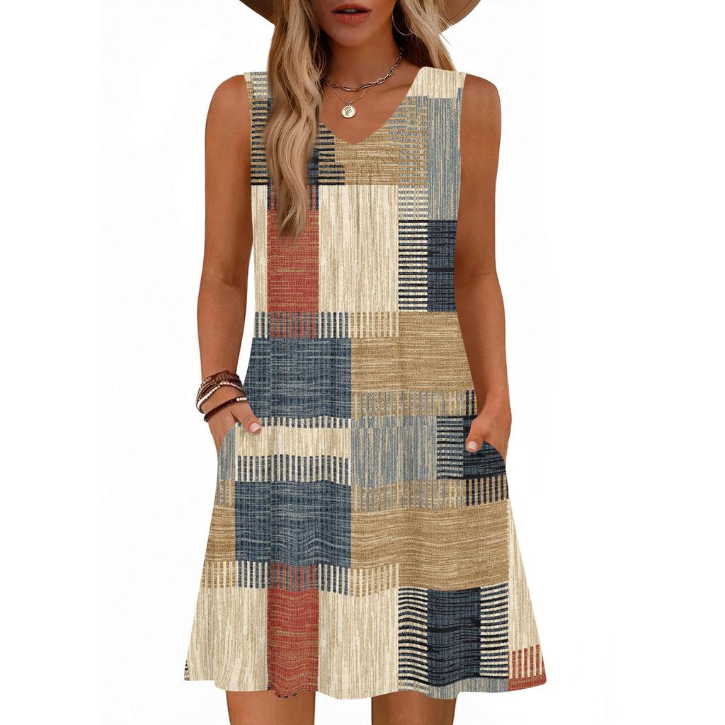 Women's Fashion Printed Summer Sleeveless V-neck Tank Top Pocket Casual Loose Dress