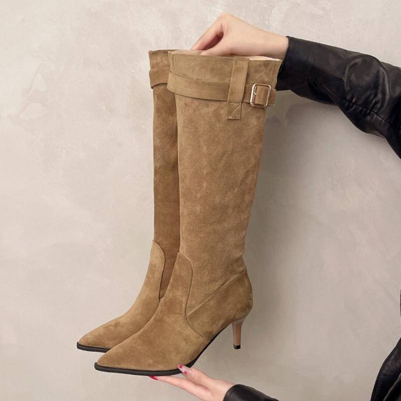 

Winter Vintage Stretch Slim Women Knee High Boots Fashion Belt Buckle Pointed Toe Stripper Party Long Booties De Mujes 40