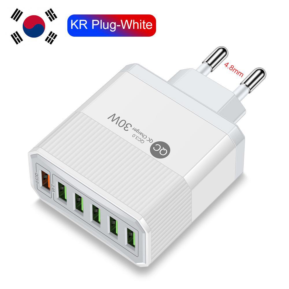 30W 6-Port QC3.0 Multi-Plug Fast Charger for EU, US, UK, & Korea