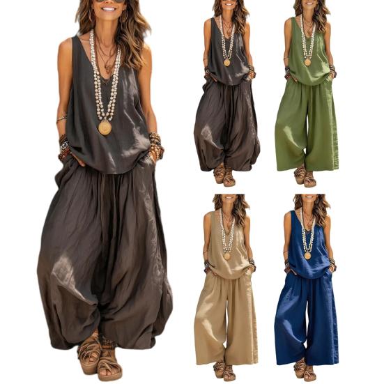 Women's Summer Sleeveless 2 Piece Outfit V Neck Top And Wide Leg Pants Set Casual Vacation Matching Lounge Set