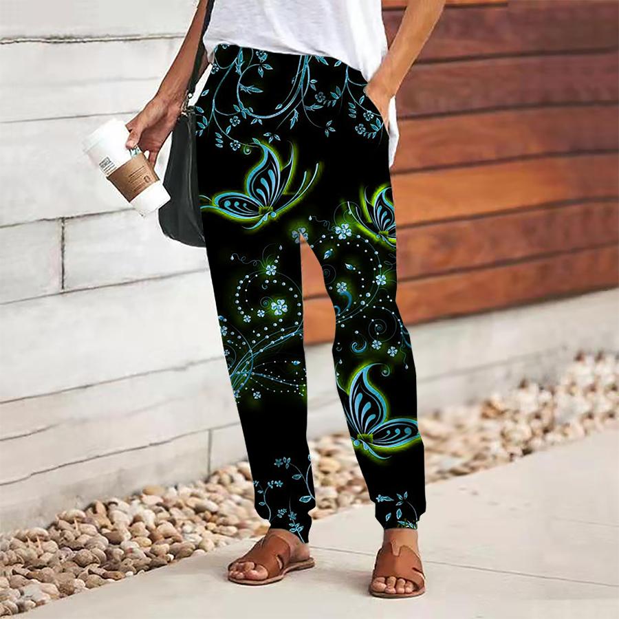 Women Butterfly Printing Pants Lace Up Elastic Waist Loose  Trousers Casual Long Pants Trousers with Pockets