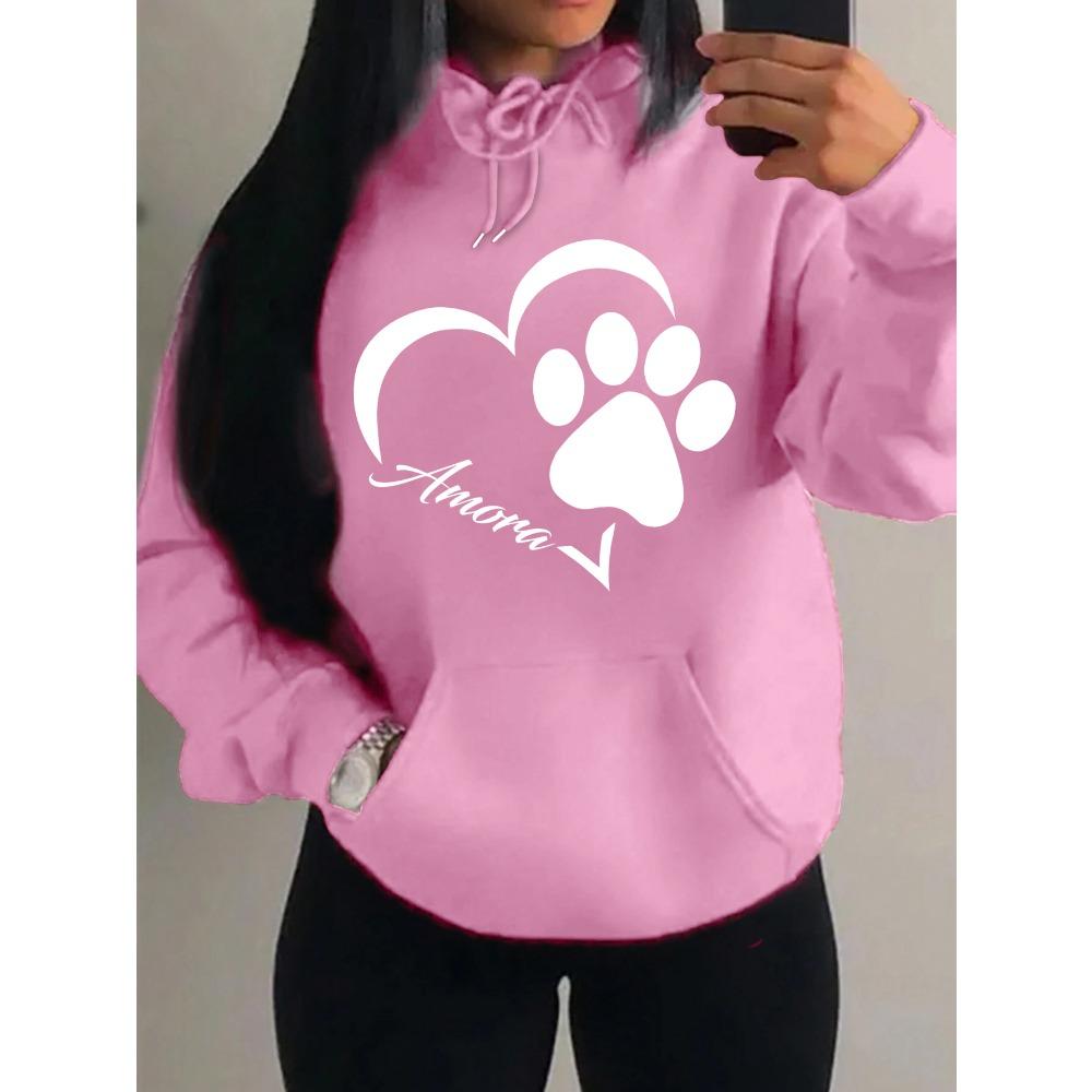 Love And Little Cat Foot Creative Print Women Hoody Fashion Autumn Sweatshirt Pocket Hoodie Sport Style Comfortable