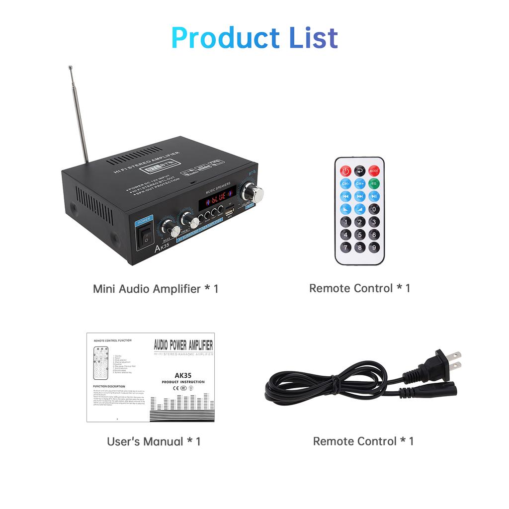 Bass & Treble Control Audio Power Amplifier,AK35 2 Channel Stereo Power Digital Audio Power Amplifier for Car / Home with USB/SD AUX Input