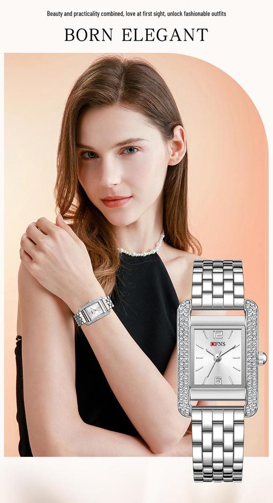 OFNS Elegant Women's Square Dial Watch: Simple Niche Bar Markers, Waterproof, Luxury Diamond Inlaid Quartz.