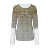 Women's Round Neck  Slim Printed Stitching Lace Long Sleeve Top