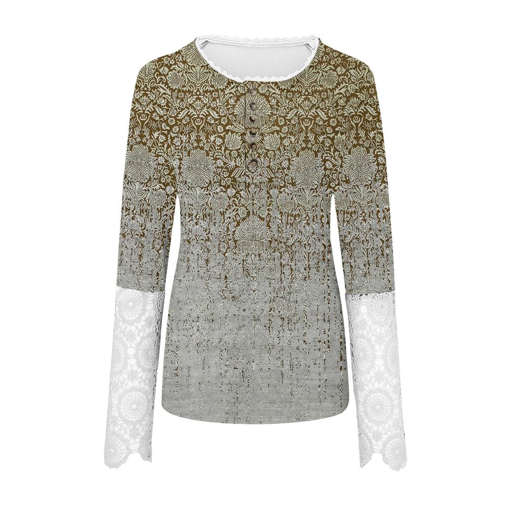 Women's Round Neck  Slim Printed Stitching Lace Long Sleeve Top