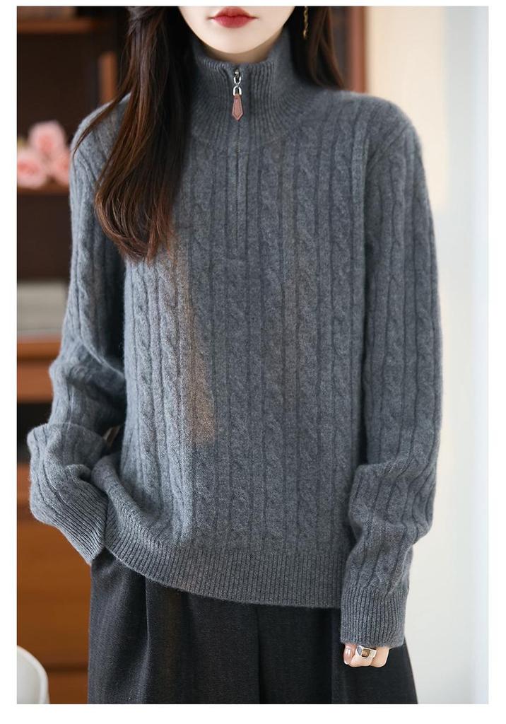 Women's Polo Collar 100% Pure Wool Sweater - Thickened, Zip-Up, Cable Knit, Long Sleeve Base Layer for Autumn and Winter