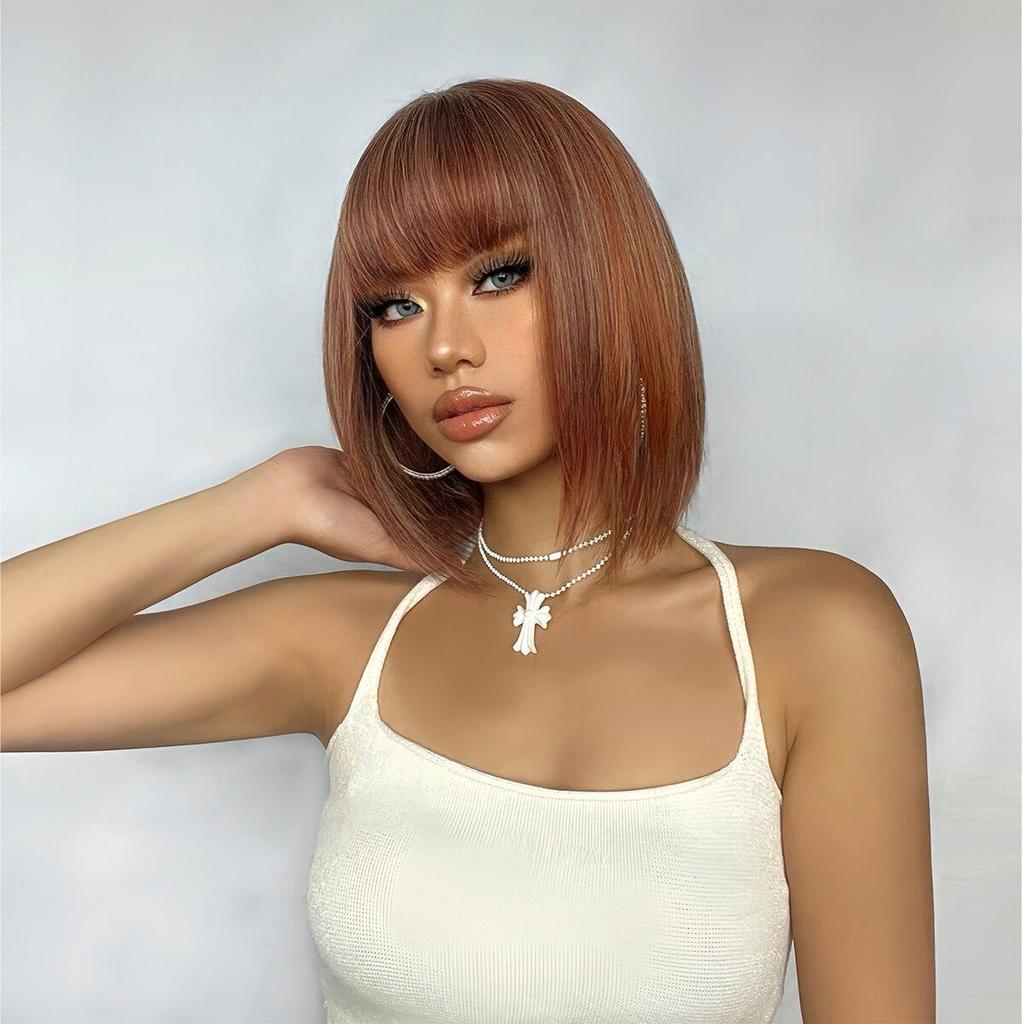 EASIHAIR Perucas de cabelo natural Bob, laranja, marrom, liso, bob, perucas sintéticas, perucas de cabelo de fibra resistente ao calor, perucas de cosplay para festa diária