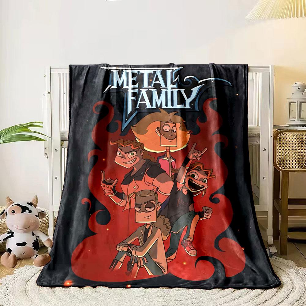 A Cartoon Family Poses with Rock Hand Gestures, Surrounded by Red Flames. for All Seasons Blanket Lunch Break Throw Gift