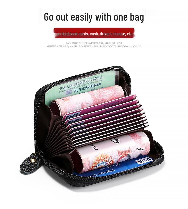 Premium Vollnarben-Rindsleder RFID Diebstahlschutz Akkordeon-Kartenhalter mit Reißverschluss, Echtleder Mehrfachkartenfach-Hülle.