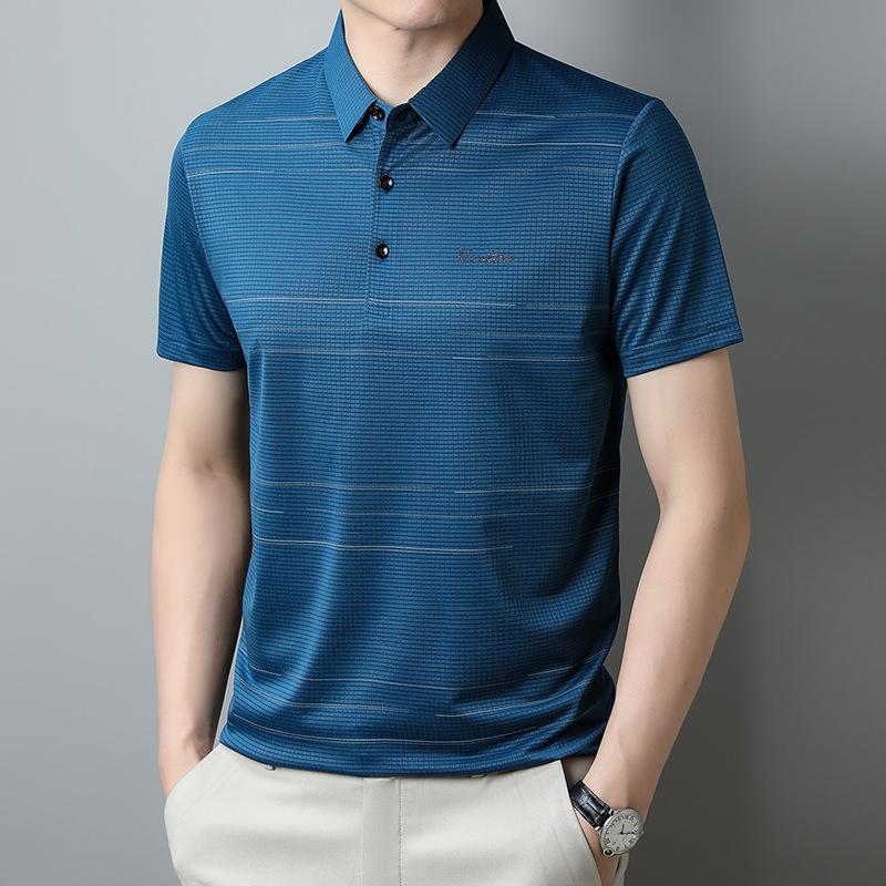 

Премиальная полосатая футболка-поло с коротким рукавом, мужская футболка свободного кроя в стиле бизнес-кэжуал с лацканами, топ из ледяного шелка 4XL