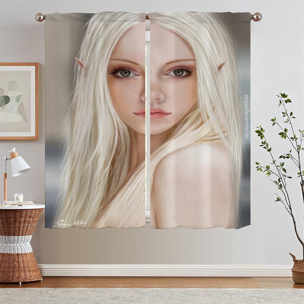 Female Elf Bedroom Curtains 2 Pieces Short Window Curtains for Living Room Partition Curtain Rods Curls Blinds Tentacles Blind