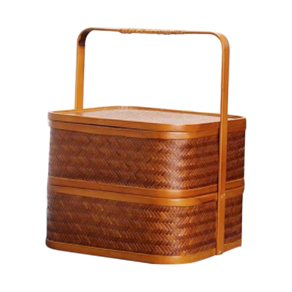 Antique Bamboo Lunch Box Square Double-layer Design Storage Pastries Camping