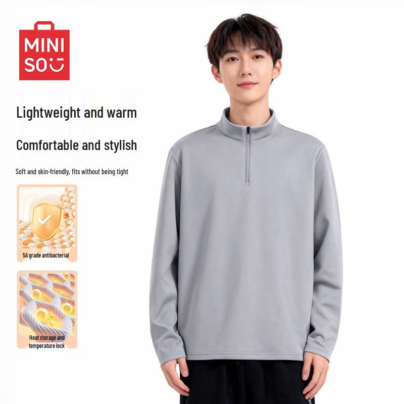 MINISO Men s Winter Plush Stand Collar Half-Zip Long Sleeve T-Shirt 2XL