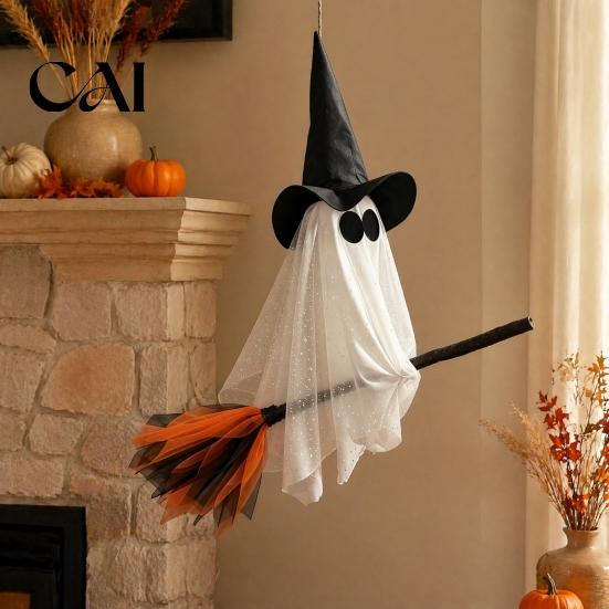 Decorative Broomstick with Ghost Mask Halloween Witch Broom Hanging Ornament, Spooky Hat Creepy Bar Ceiling Decoration Pendants for Indoor Outdoor