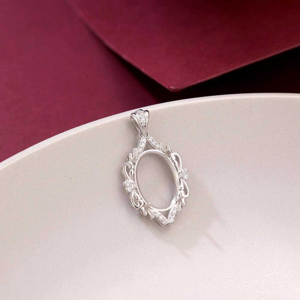 925 Sterling Silver White Gold Egg-Shaped Pendant Setting, Unset, Exquisite Fashion, Light Luxury, 10x14 mm.