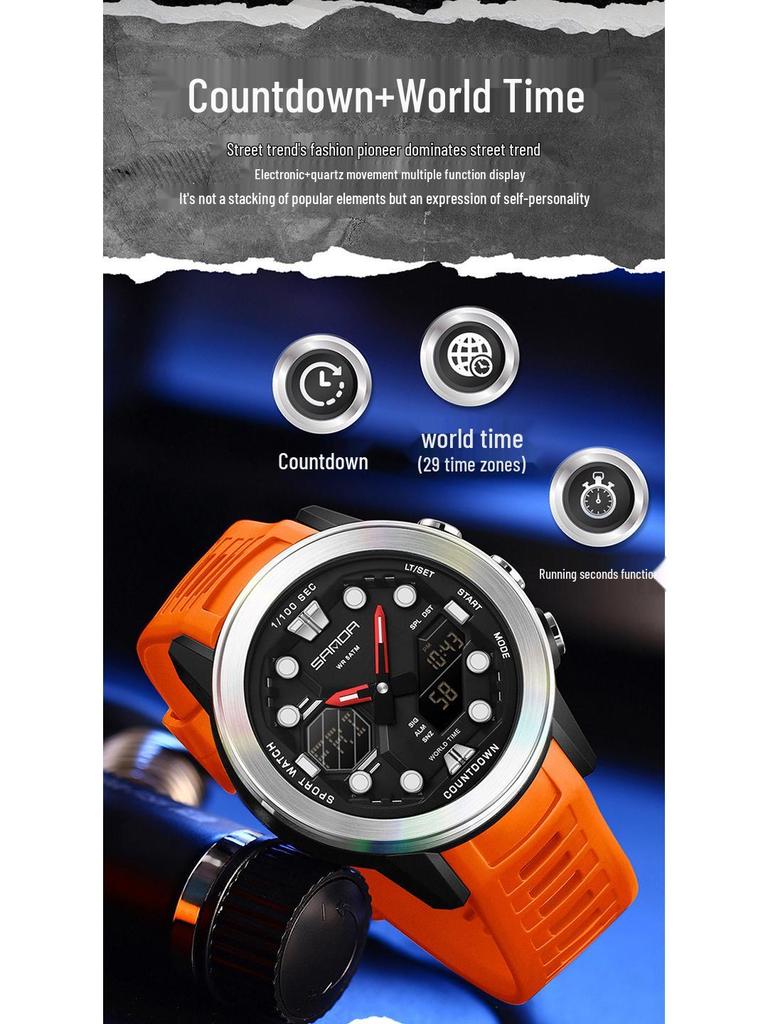 SANDA Multifunction Waterproof Digital Watch with Fluorescent Display, 29 Time Zones, Daylight Saving, 4 Alarms, Student-Friendly