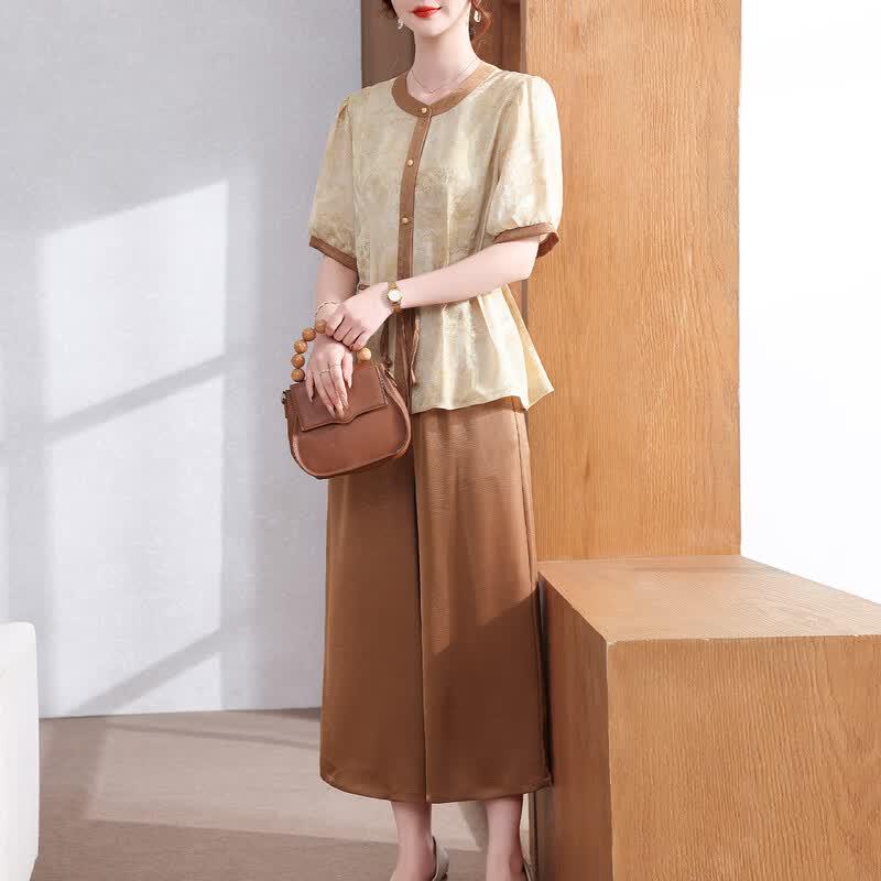 Women s Summer Chiffon Short-Sleeve Top Wide-Leg Pants Set 3XL