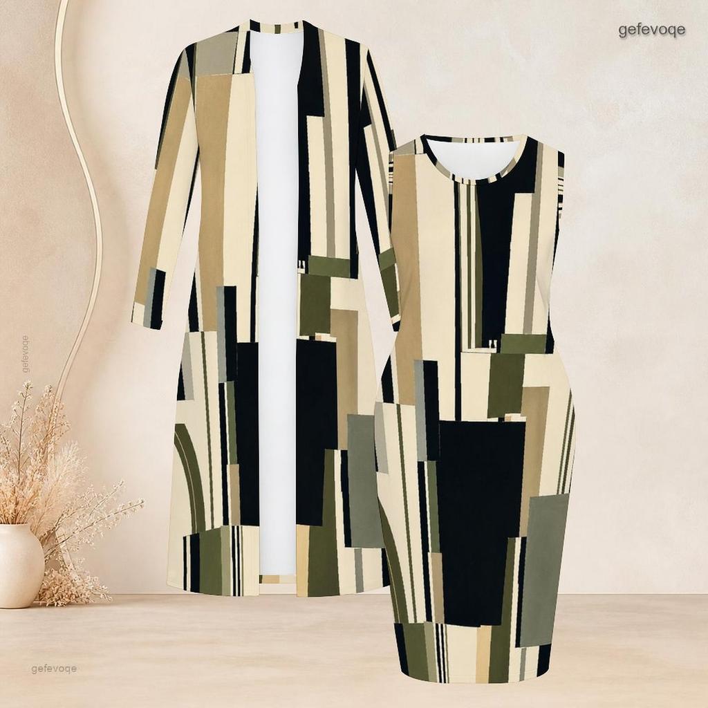 Women Plus Size Printed Two Piece Set Long Sleeve Open Front Long Cardigan Sleeveless Bodycon Dress